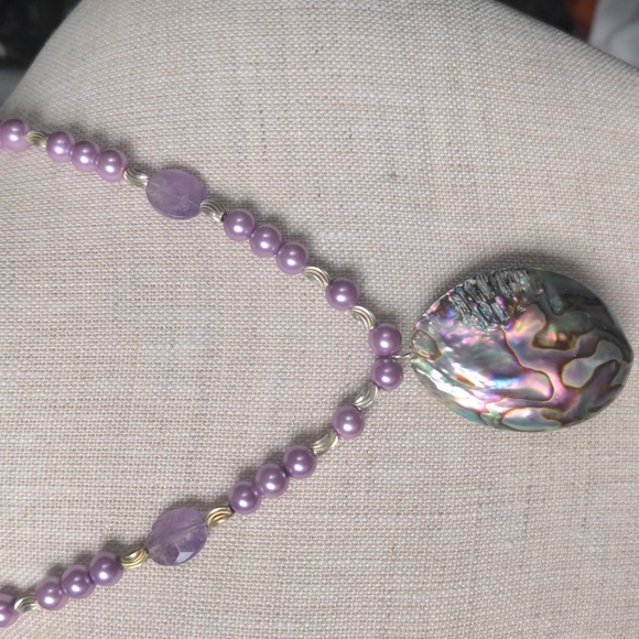 Hand Crafted Jewelry - Purple Pearl & Abalone Pendant Necklace, New, Genuine Gems